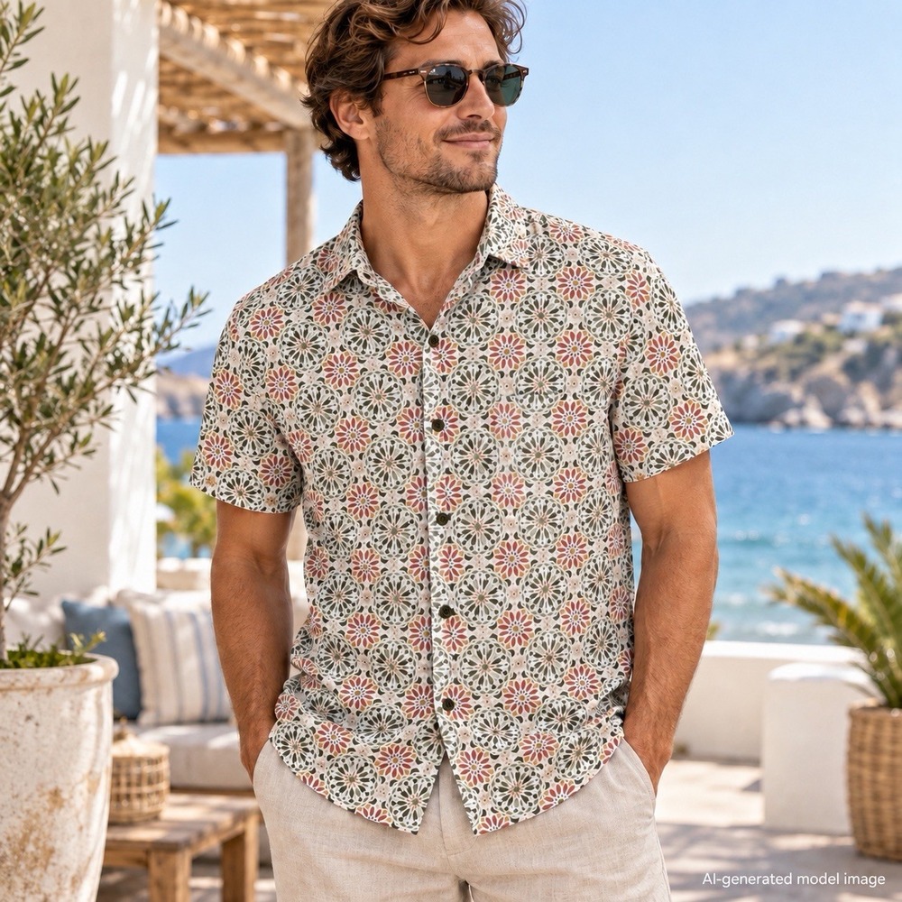 Outerknown Button Up Shirt Men's M Organic Cotton Hemp Floral Short Sleeve Boho